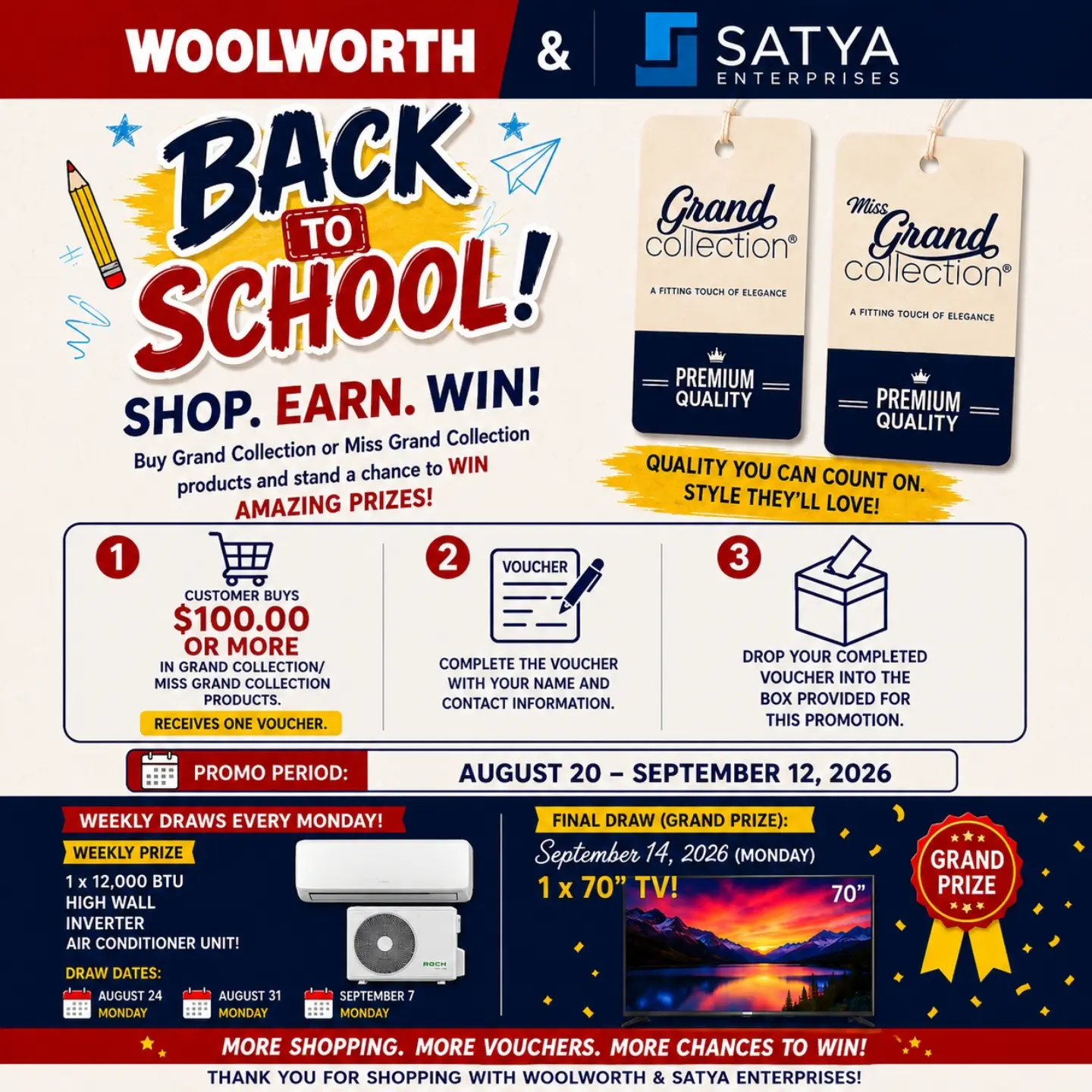 Woolworth & Satya Enterprises Back to School Shop. Earn. Win! Promotion