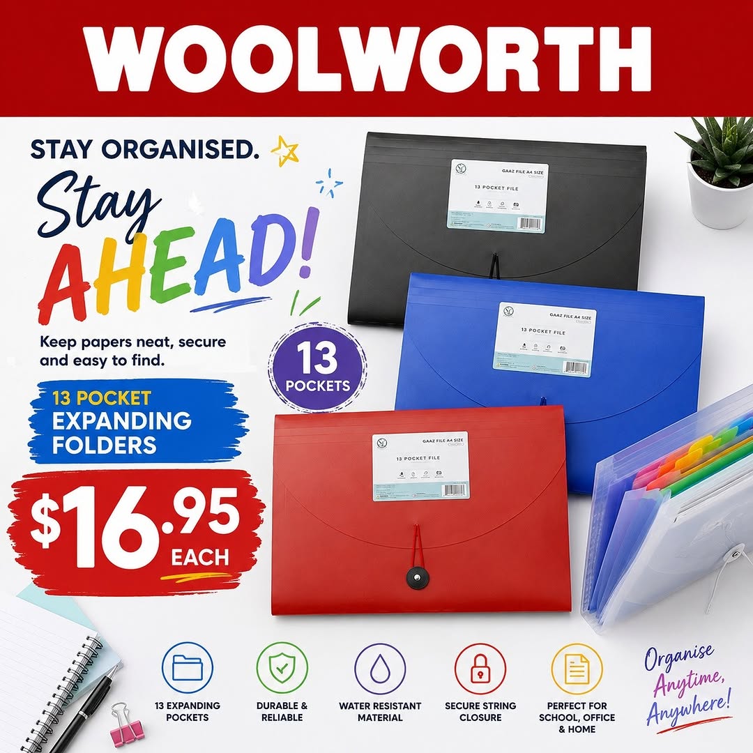 13 Pocket Expanding Folders – $16.95 Each at Woolworth