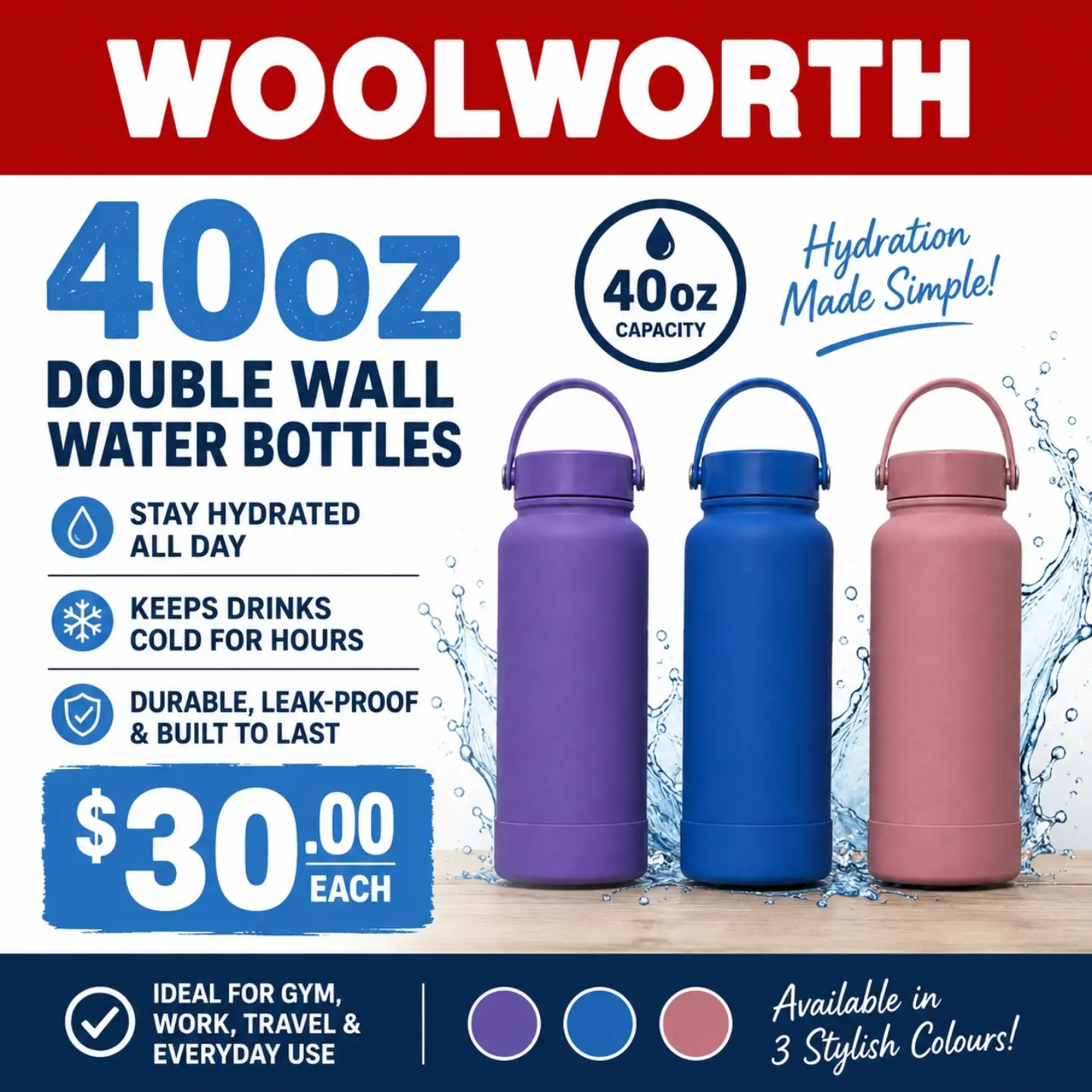 40oz Double Wall Water Bottles – $30.00 Each at Woolworth