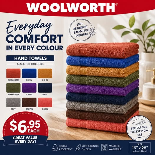 Woolworth Hand Towels – $6.95 Each in Assorted Colours