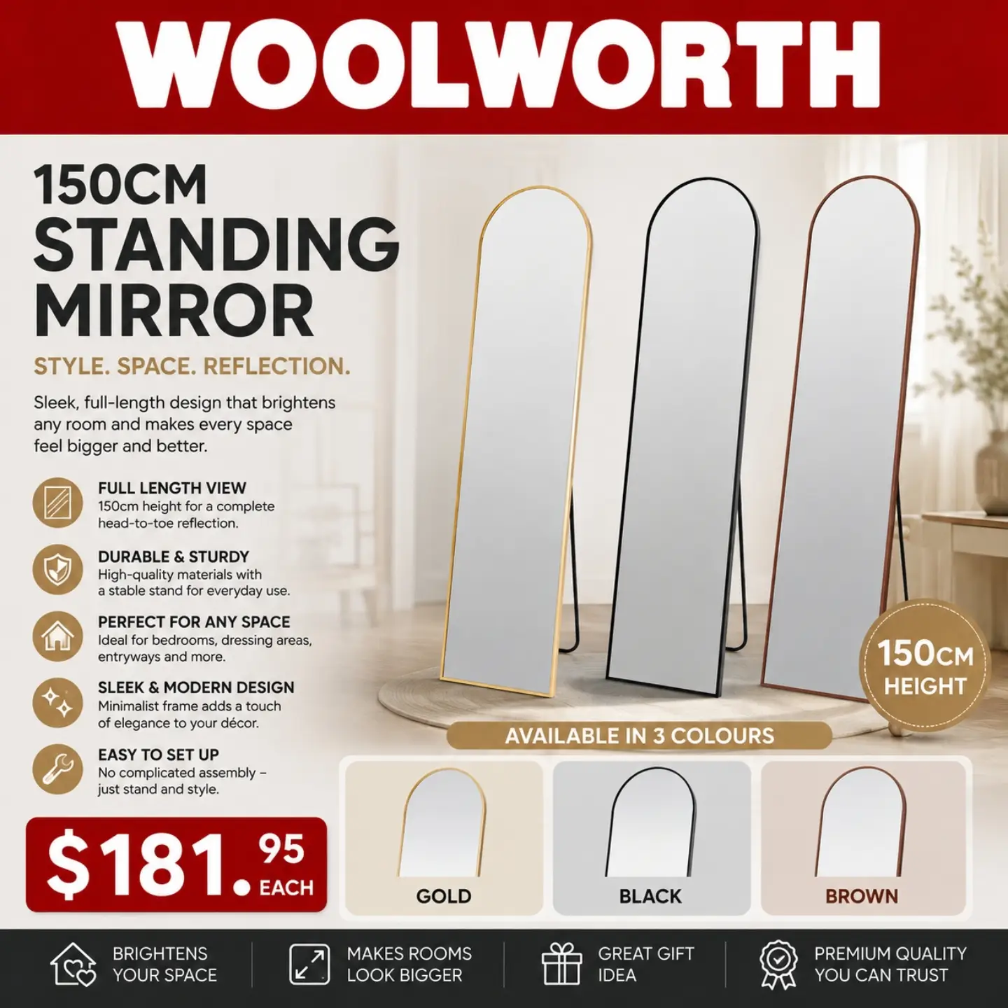 150cm Standing Mirror – $181.95 Each | Available in Gold, Black & Brown