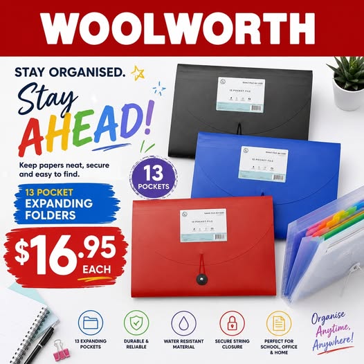 13 Pocket Expanding Folders – $16.95 Each at Woolworth