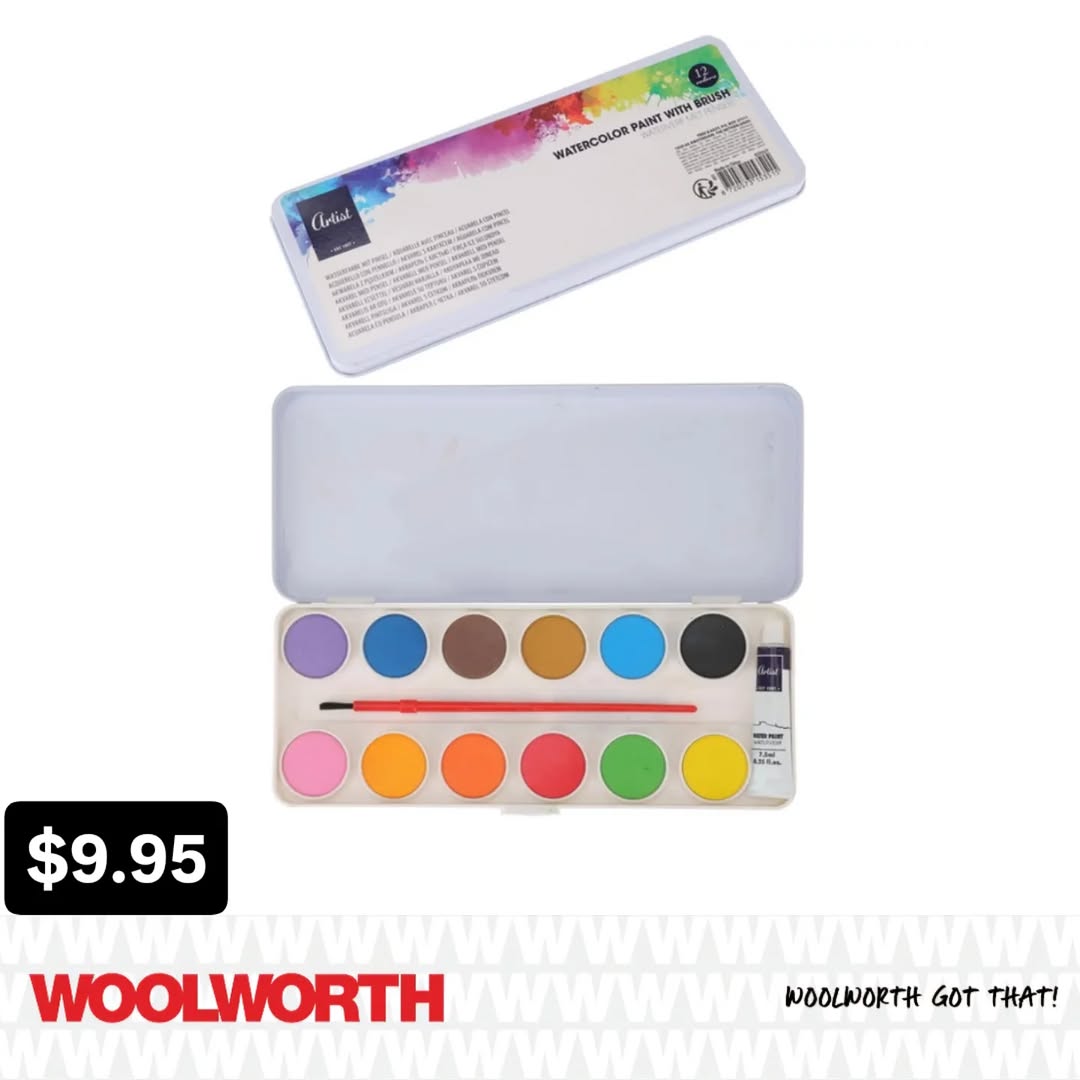 Watercolor Paint Set (12 Colours + Brush) – $9.95 at Woolworth Barbados