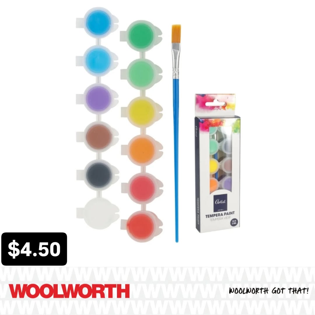 12-Piece Tempera Paint Set with Brush – $4.50 at Woolworth