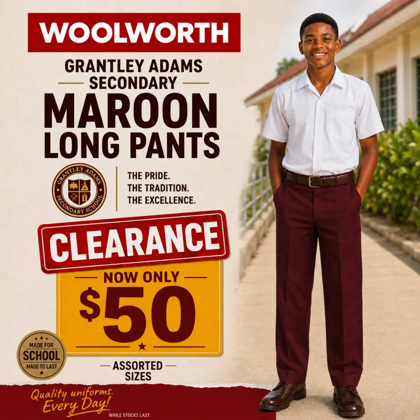 Woolworth Clearance: Grantley Adams Secondary Maroon Long Pants – Now $50