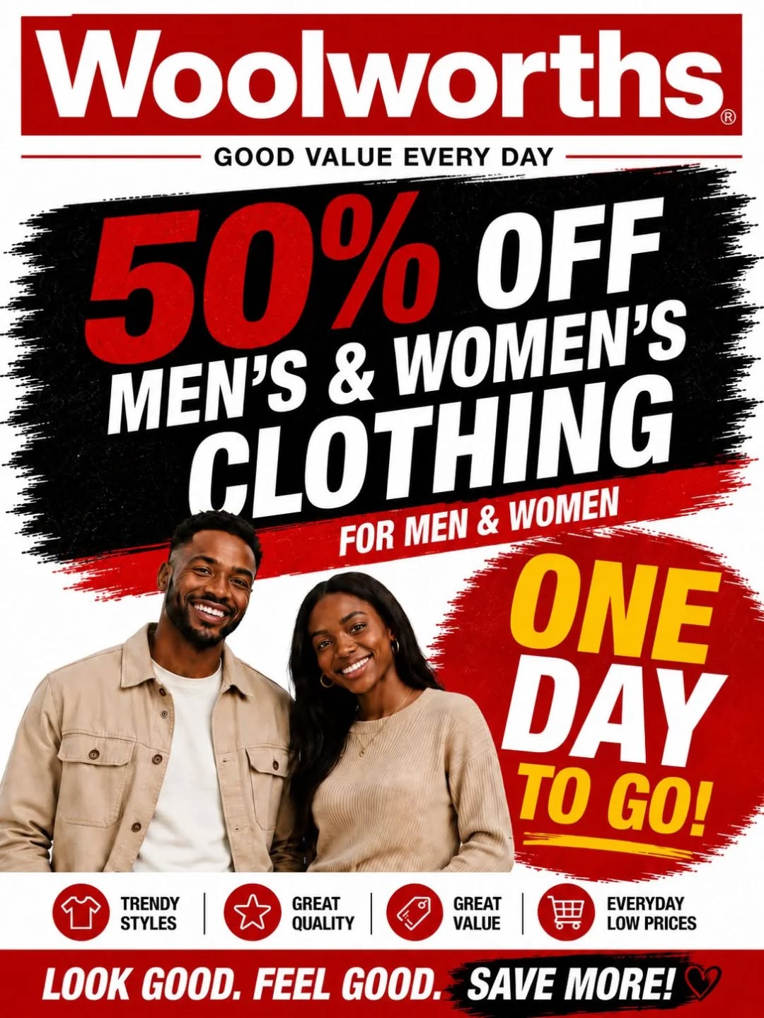 Woolworths 50% Off Men's & Women's Clothing – One Day To Go!