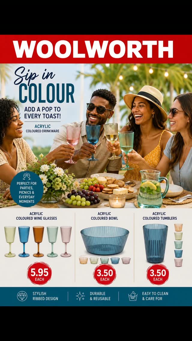 Acrylic Coloured Drinkware – Wine Glasses $5.95, Bowls & Tumblers $3.50 Each