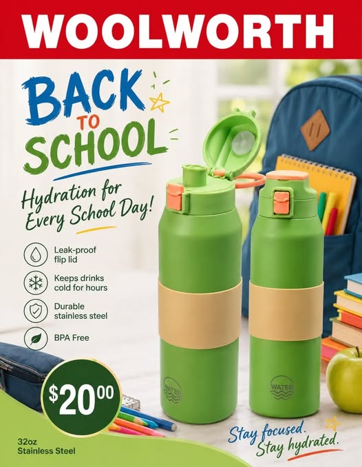 Back to School: 32oz Stainless Steel Water Bottles – $20.00 at Woolworth