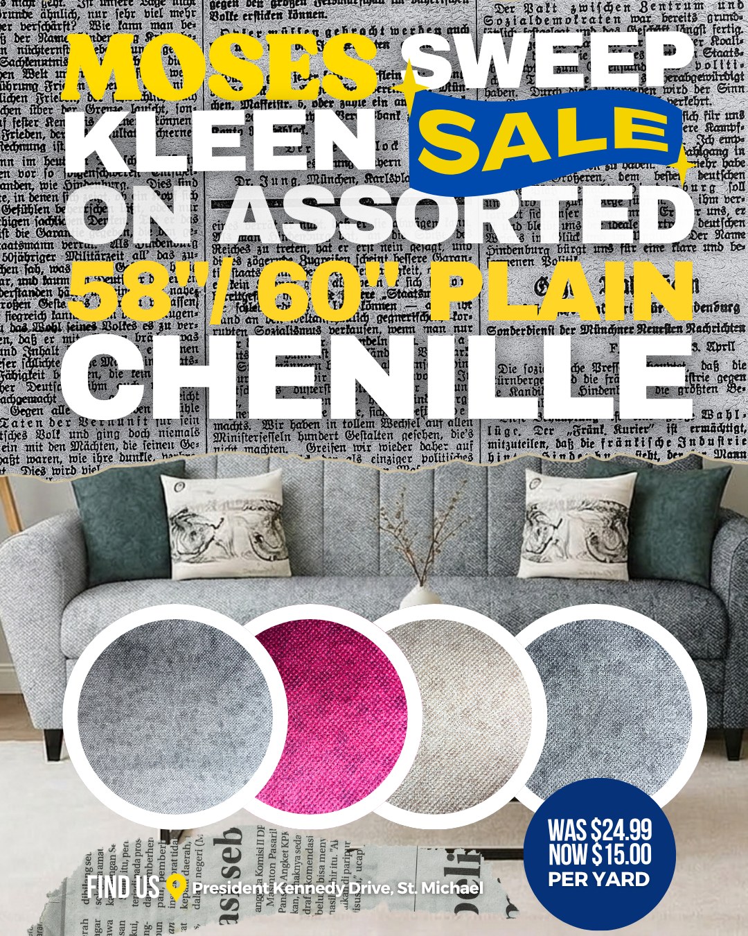 Moses Store Sweep Kleen Sale – 58"/60" Plain Chenille Fabric Now $15.00/yard