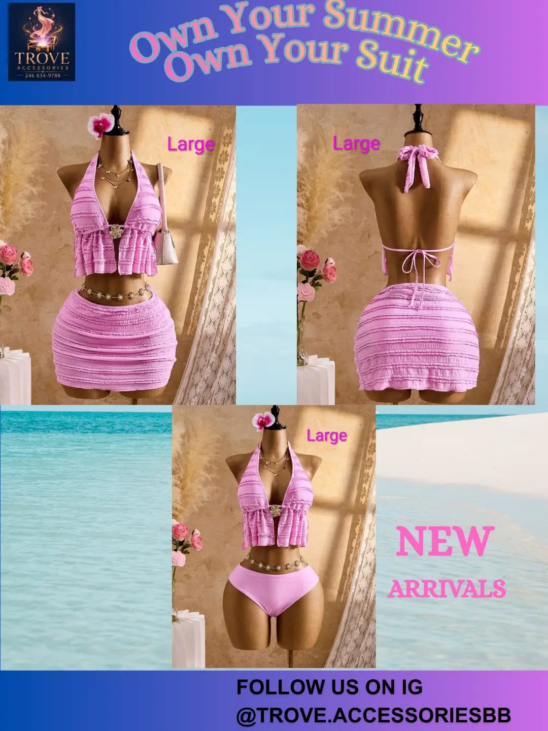 Sexy 3pc Pink Bikini Set – $95 BBD (Large)