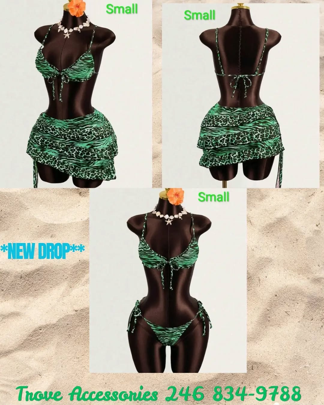 Green Leopard 3-Piece Bikini Set – $95 BBD (Small)