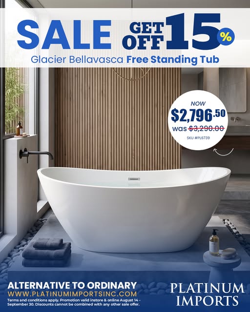 15% Off Glacier Bellavasca Free Standing Tub at Platinum Imports