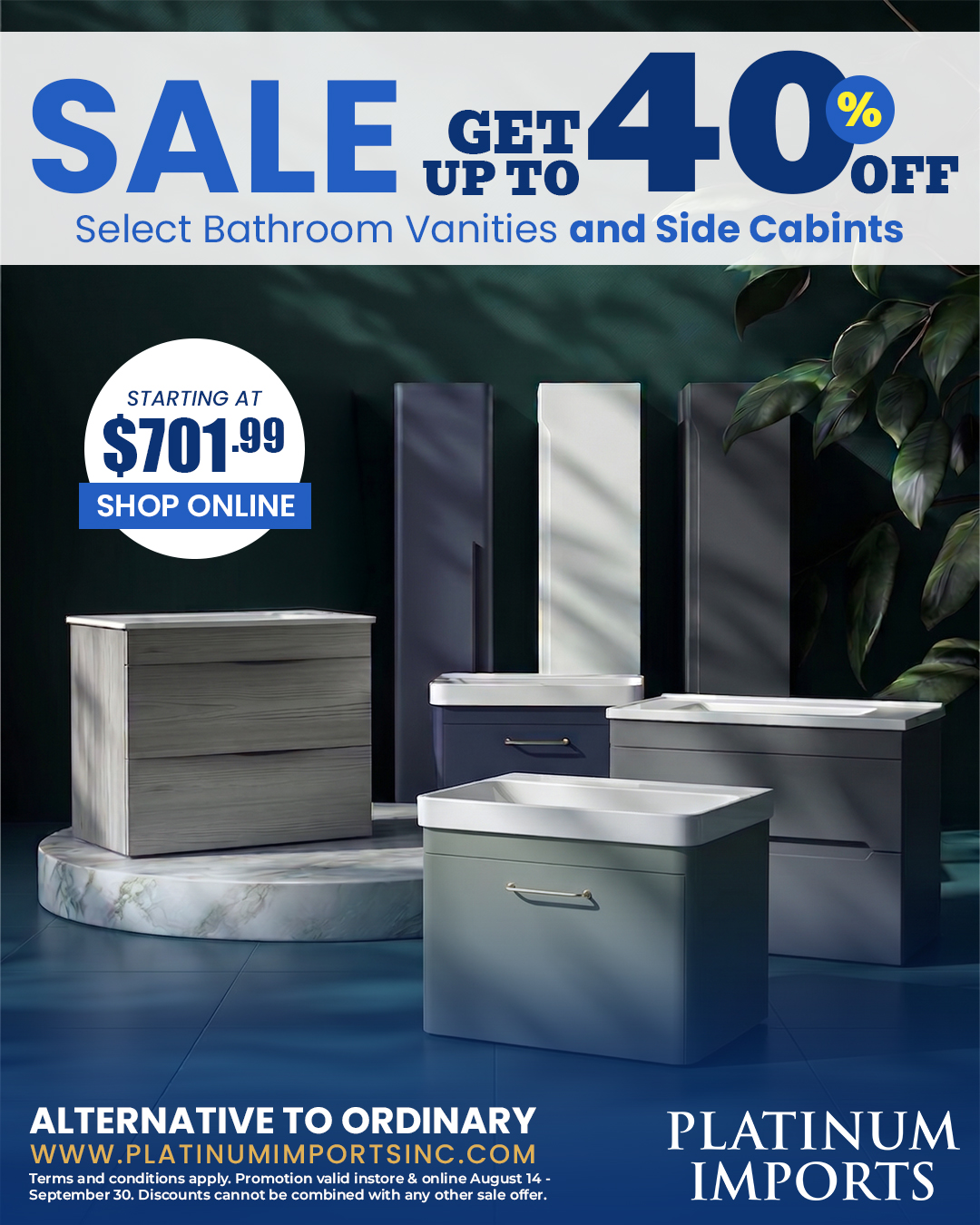 Up to 40% Off Select Bathroom Vanities & Side Cabinets at Platinum Imports