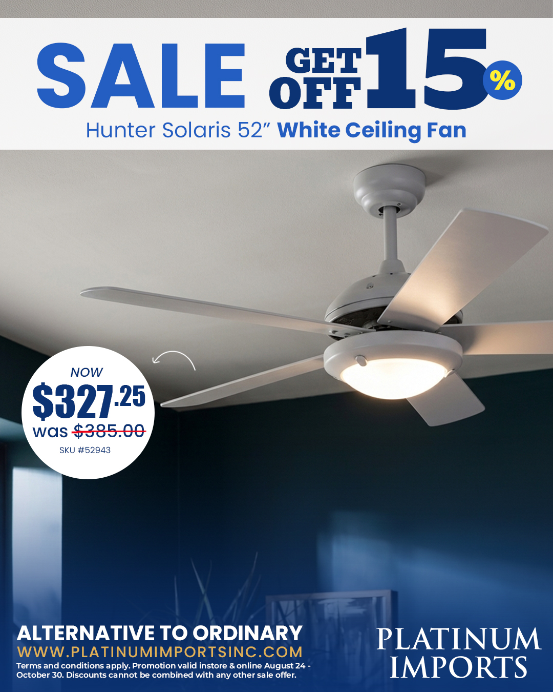 15% Off Hunter Solaris 52" White Ceiling Fan at Platinum Imports