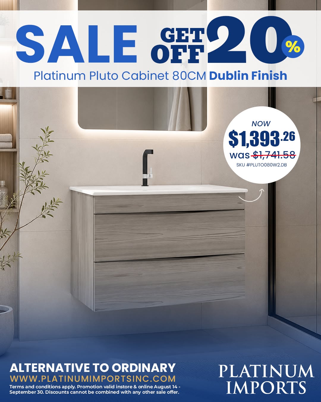 20% Off Platinum Pluto Cabinet (60CM & 80CM) Dublin Finish