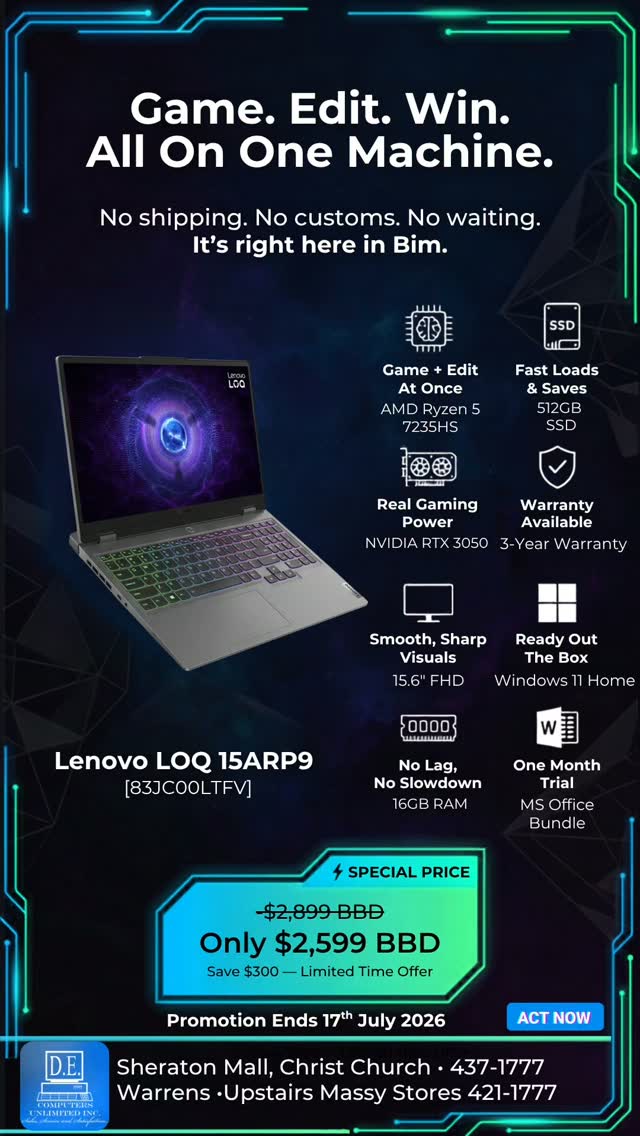 Lenovo LOQ 15ARP9 Gaming Laptop – Save $300 BBD, Now Only $2,599 BBD