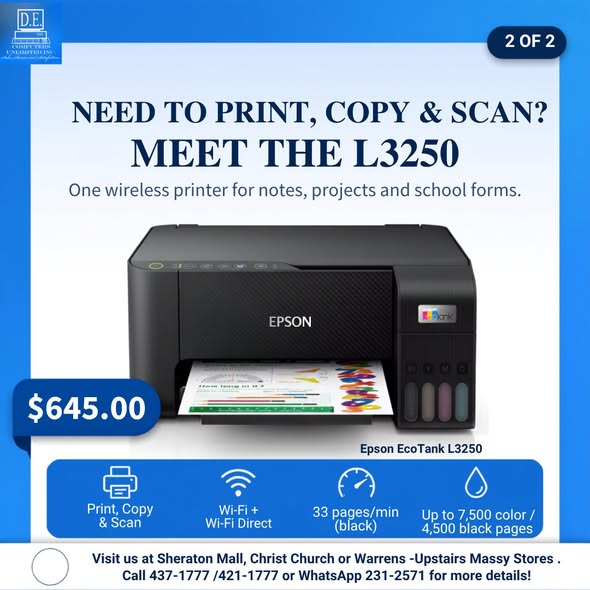 Epson EcoTank Printers – L1250 at $379 & L3250 at $645