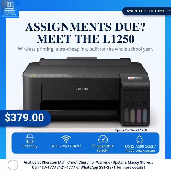 Epson EcoTank Printers – L1250 at $379 & L3250 at $645