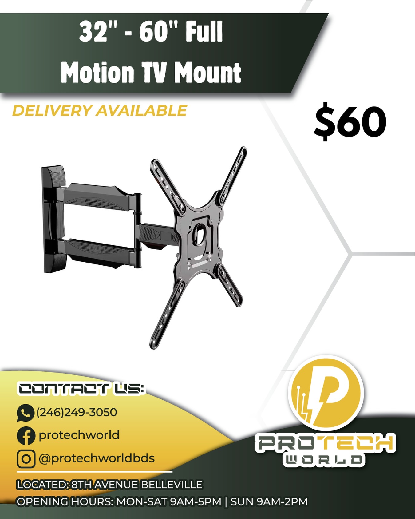 32"–60" Full Motion TV Wall Mount for $60 – Delivery Available