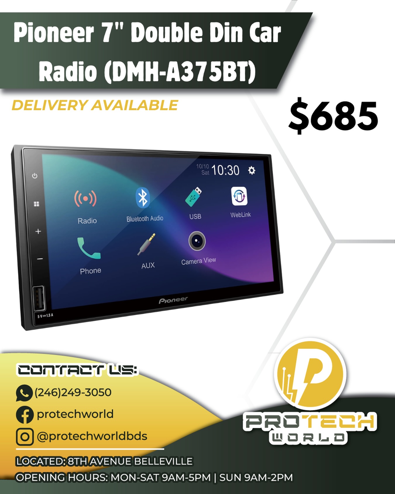 Pioneer 7" Double Din Car Radio (DMH-A375BT) – $685