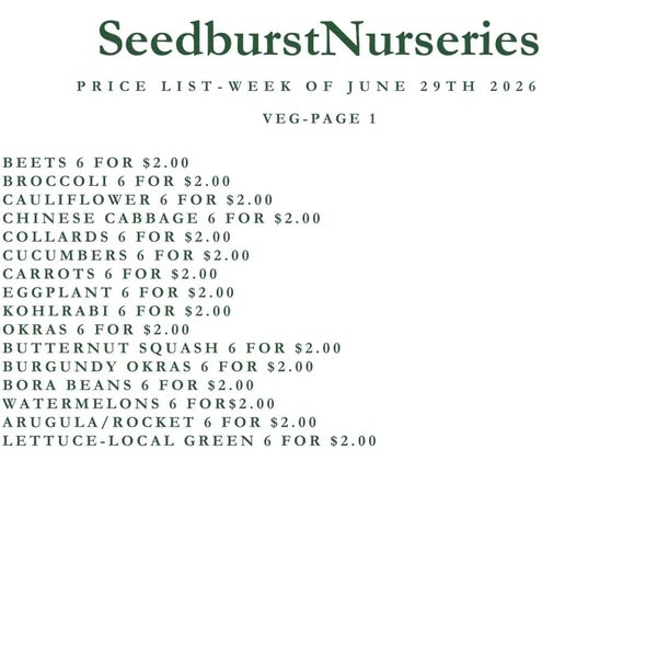 Seedburst Nurseries Weekly Price List – Marigold Special, Herbs, Veg & Potting Supplies