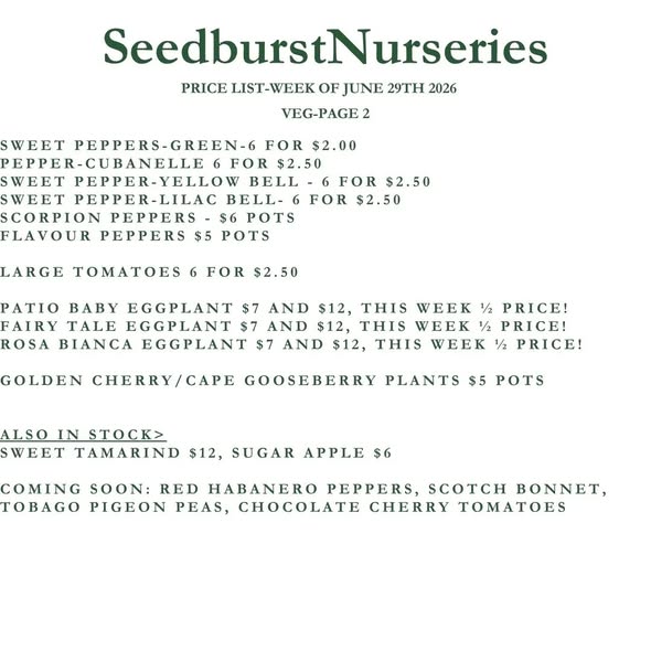 Seedburst Nurseries Weekly Price List – Marigold Special, Herbs, Veg & Potting Supplies