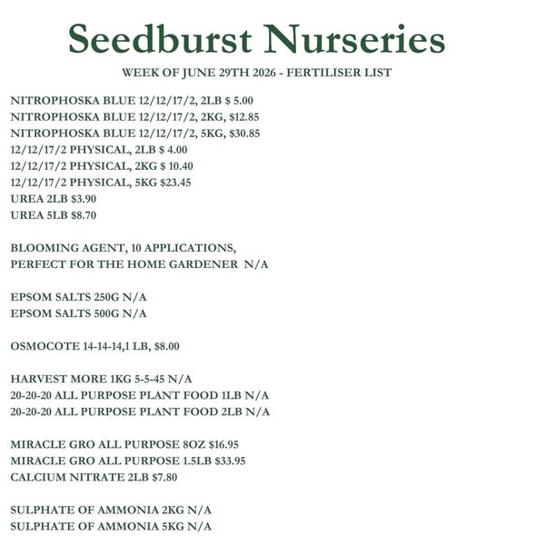 Seedburst Nurseries Weekly Price List – Marigold Special, Herbs, Veg & Potting Supplies