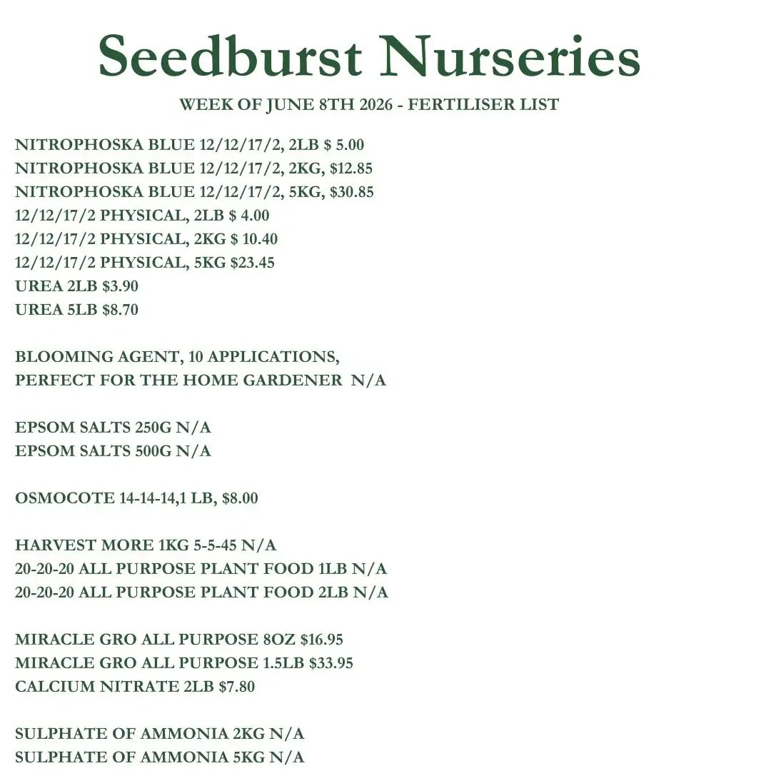Seedburst Nurseries Weekly Stock List – Herbs, Vegetables, Pots & Manure