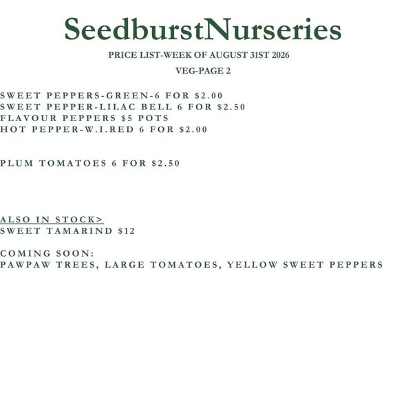 Seedburst Nurseries Weekly Stock List – Herbs, Veg Seedlings, Pots & Garden Supplies