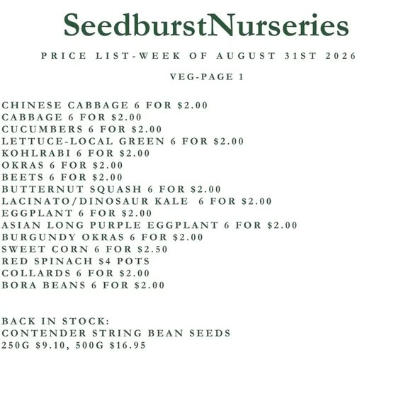 Seedburst Nurseries Weekly Stock List – Herbs, Veg Seedlings, Pots & Garden Supplies