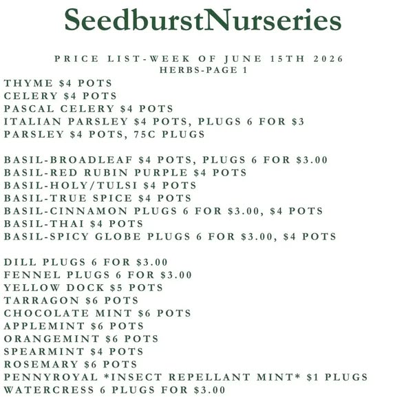 Seedburst Nurseries Weekly Price List – Herbs, Veggie Seedlings & Garden Supplies