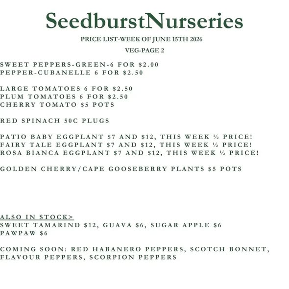 Seedburst Nurseries Weekly Price List – Herbs, Veggie Seedlings & Garden Supplies