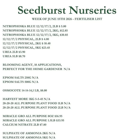 Seedburst Nurseries Weekly Price List – Herbs, Veggie Seedlings & Garden Supplies