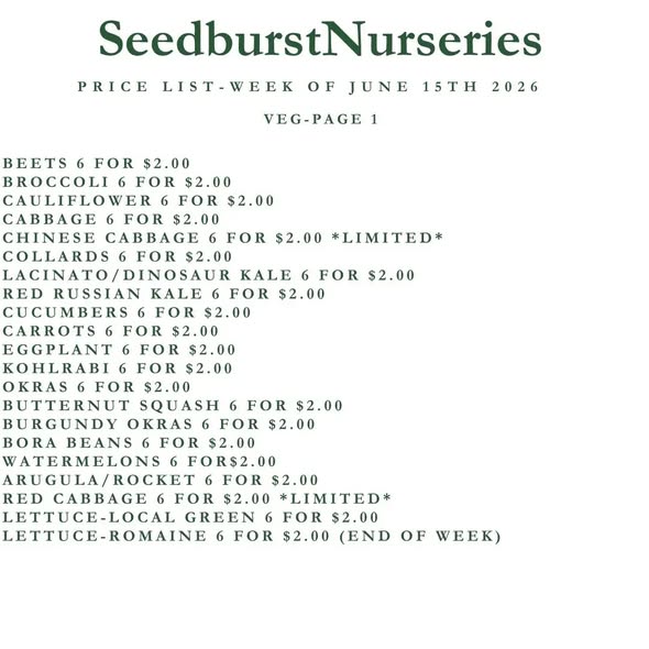 Seedburst Nurseries Weekly Price List – Herbs, Veggie Seedlings & Garden Supplies