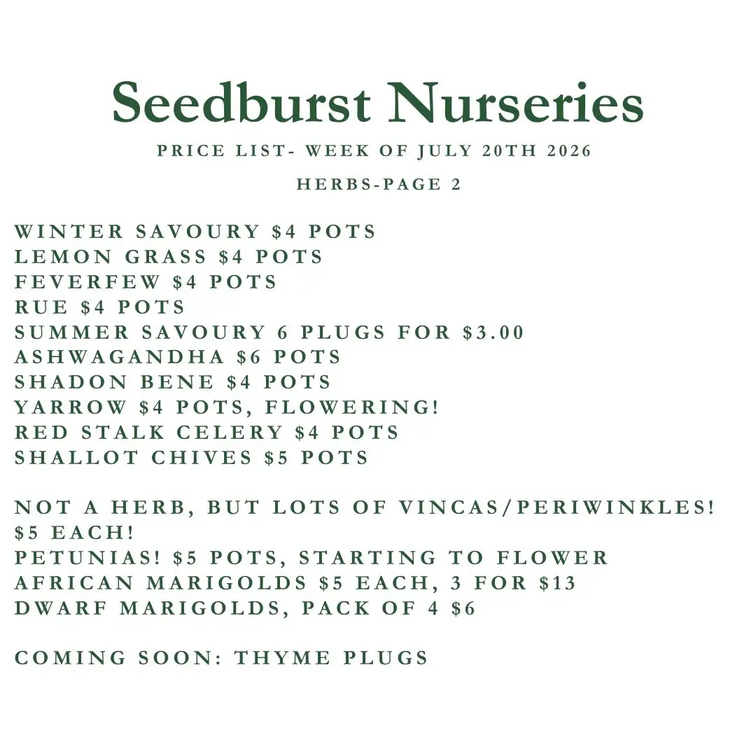 Seedburst Nurseries Weekly Price List – Herbs, Vegetables & Garden Supplies (Week of July 20, 2026)