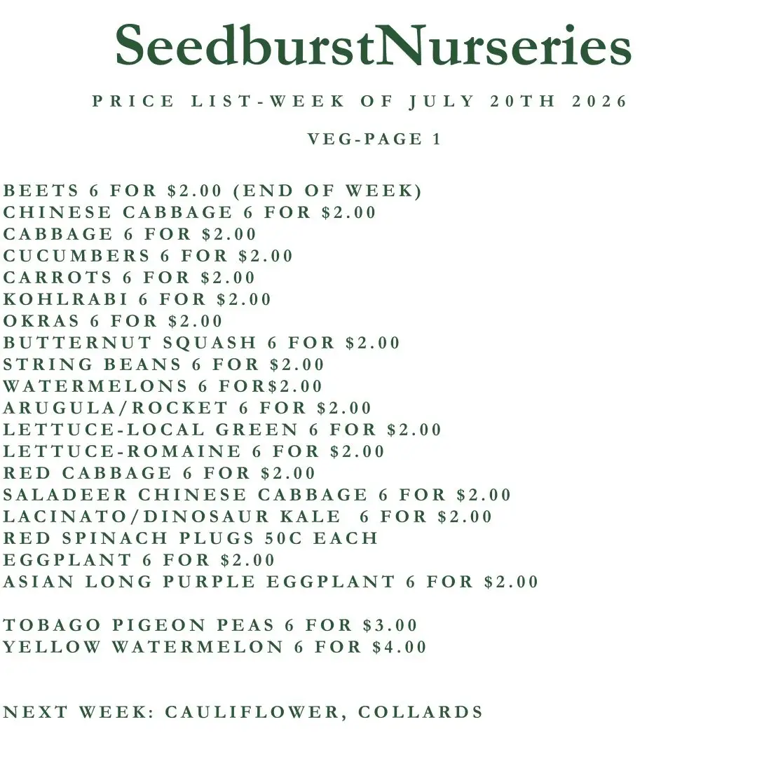Seedburst Nurseries Weekly Price List – Herbs, Vegetables & Garden Supplies (Week of July 20, 2026)