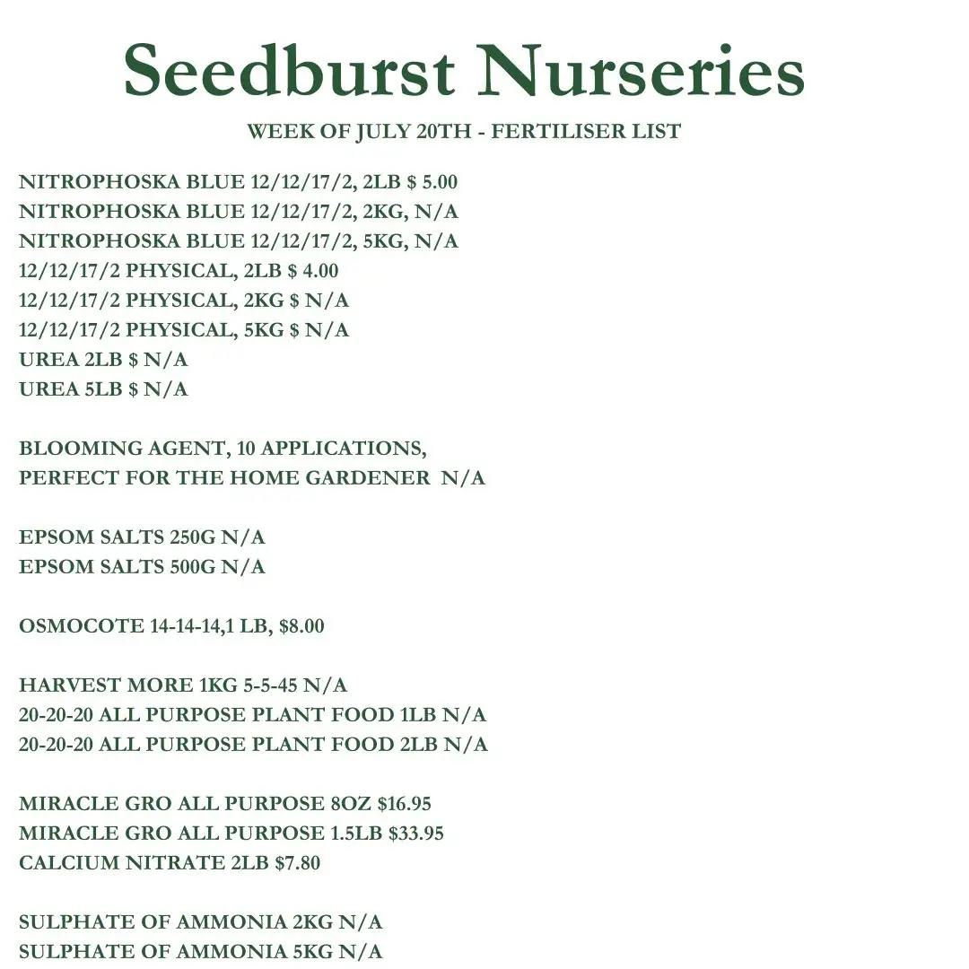 Seedburst Nurseries Weekly Price List – Herbs, Vegetables & Garden Supplies (Week of July 20, 2026)