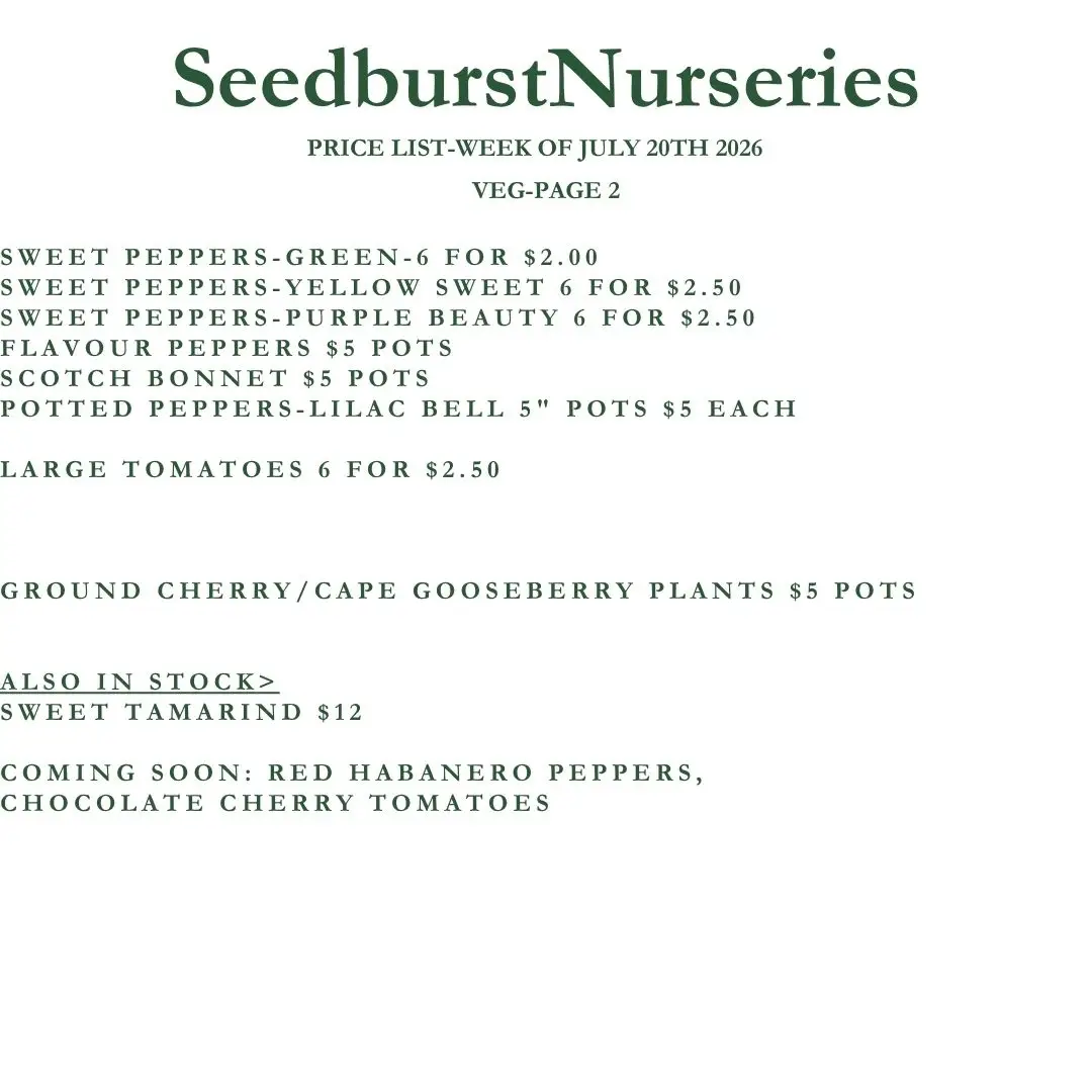 Seedburst Nurseries Weekly Price List – Herbs, Vegetables & Garden Supplies (Week of July 20, 2026)