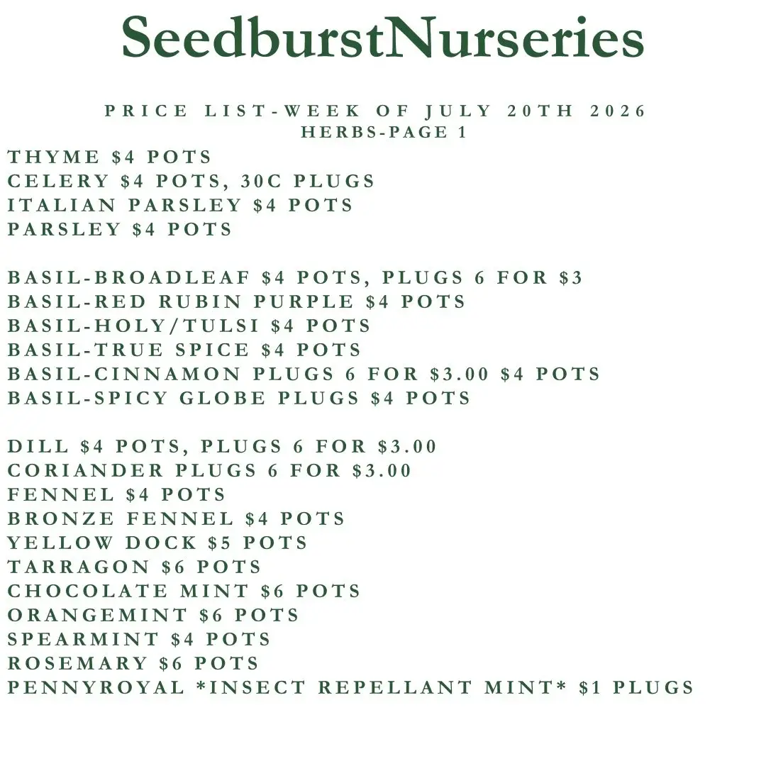 Seedburst Nurseries Weekly Price List – Herbs, Vegetables & Garden Supplies (Week of July 20, 2026)