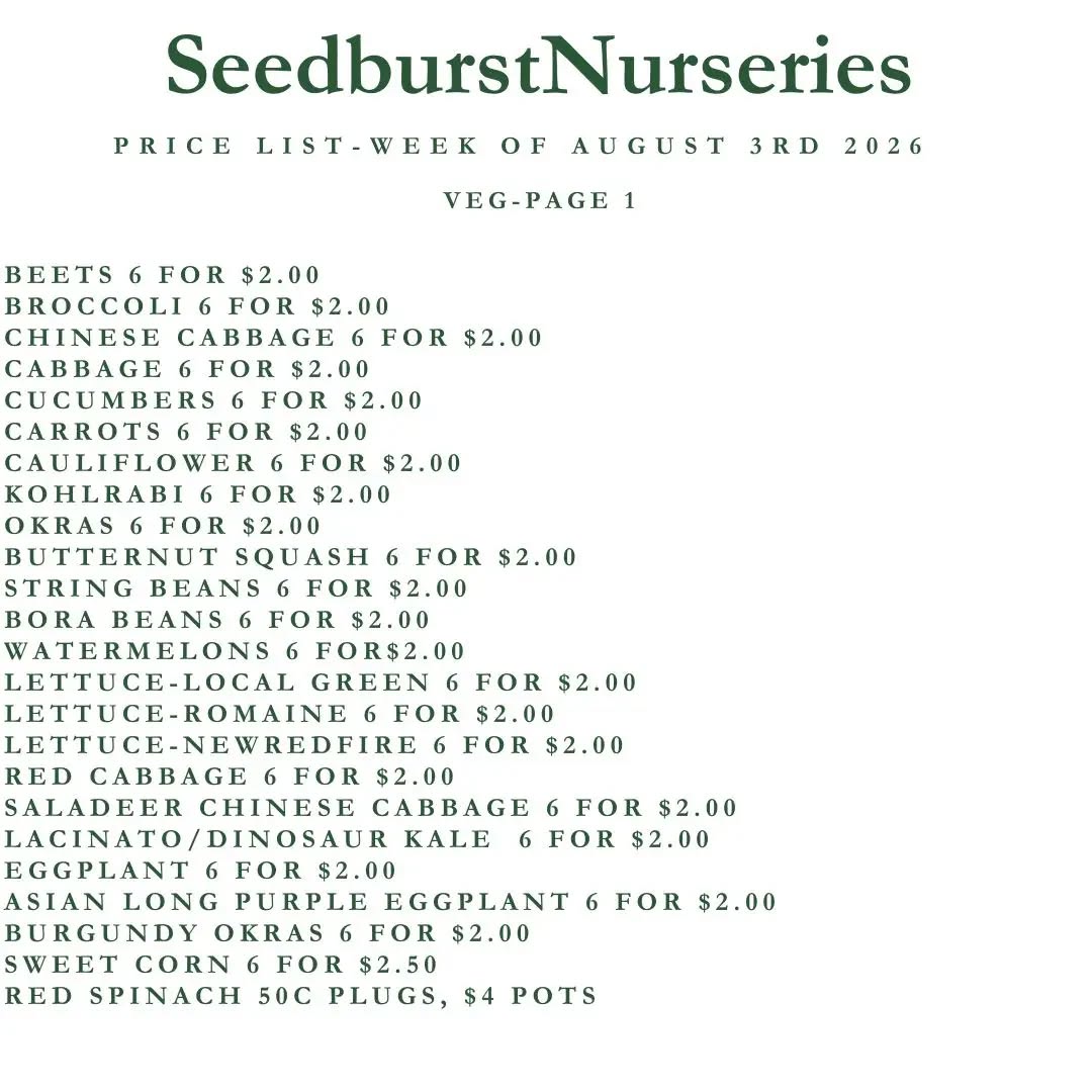 Seedburst Nurseries Weekly Price List & Specials – Week of Aug 3, 2026