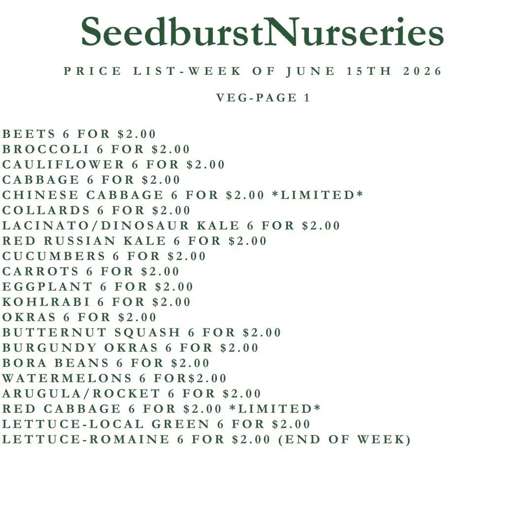 Seedburst Nurseries Weekly Price List – Herbs, Veggie Seedlings & Garden Supplies (Week of June 15, 2026)