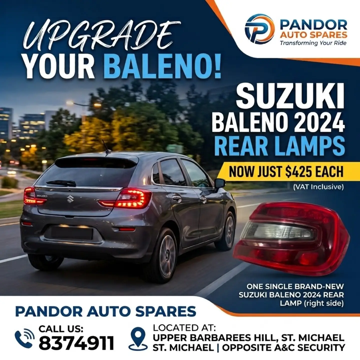 Suzuki Baleno 2024 Parts – Rear Lamps $425, Bumpers $575, Fender Liners $75 Each