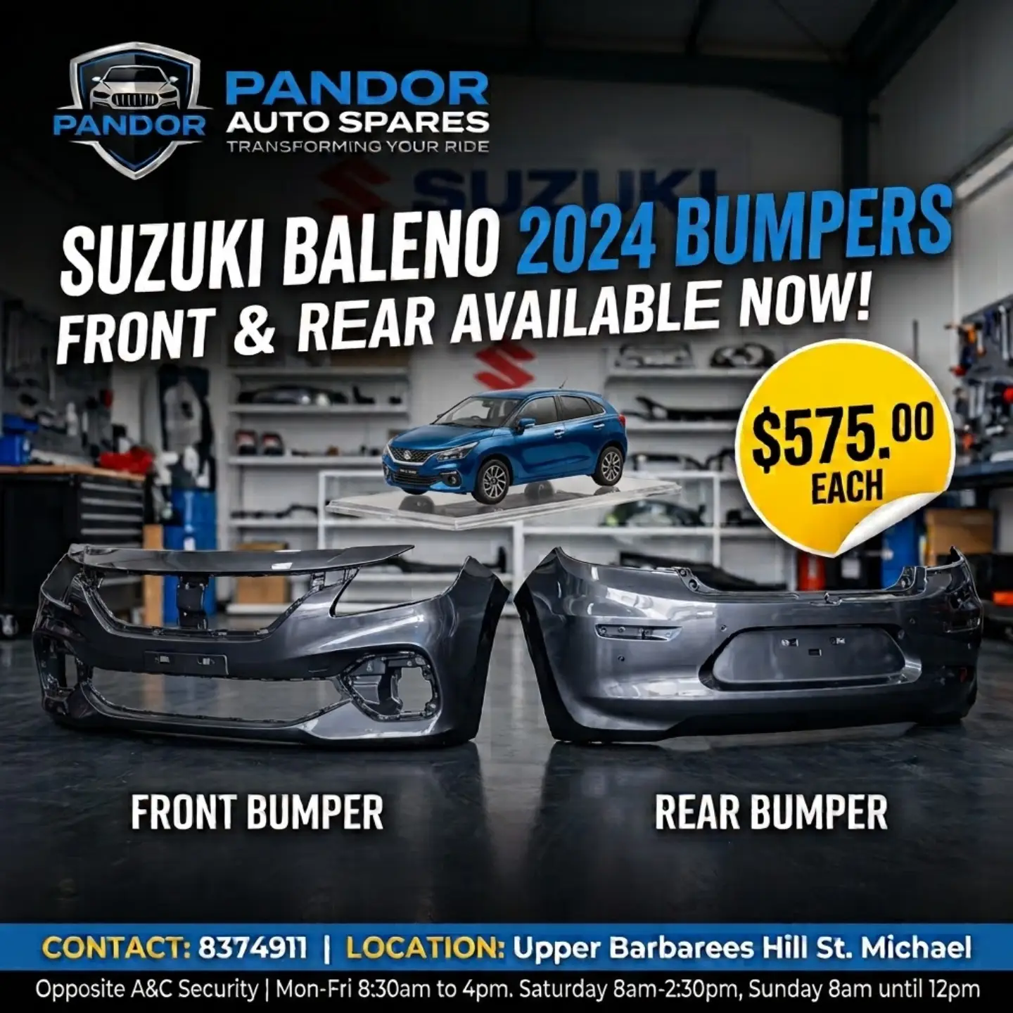 Suzuki Baleno 2024 Parts – Rear Lamps $425, Bumpers $575, Fender Liners $75 Each