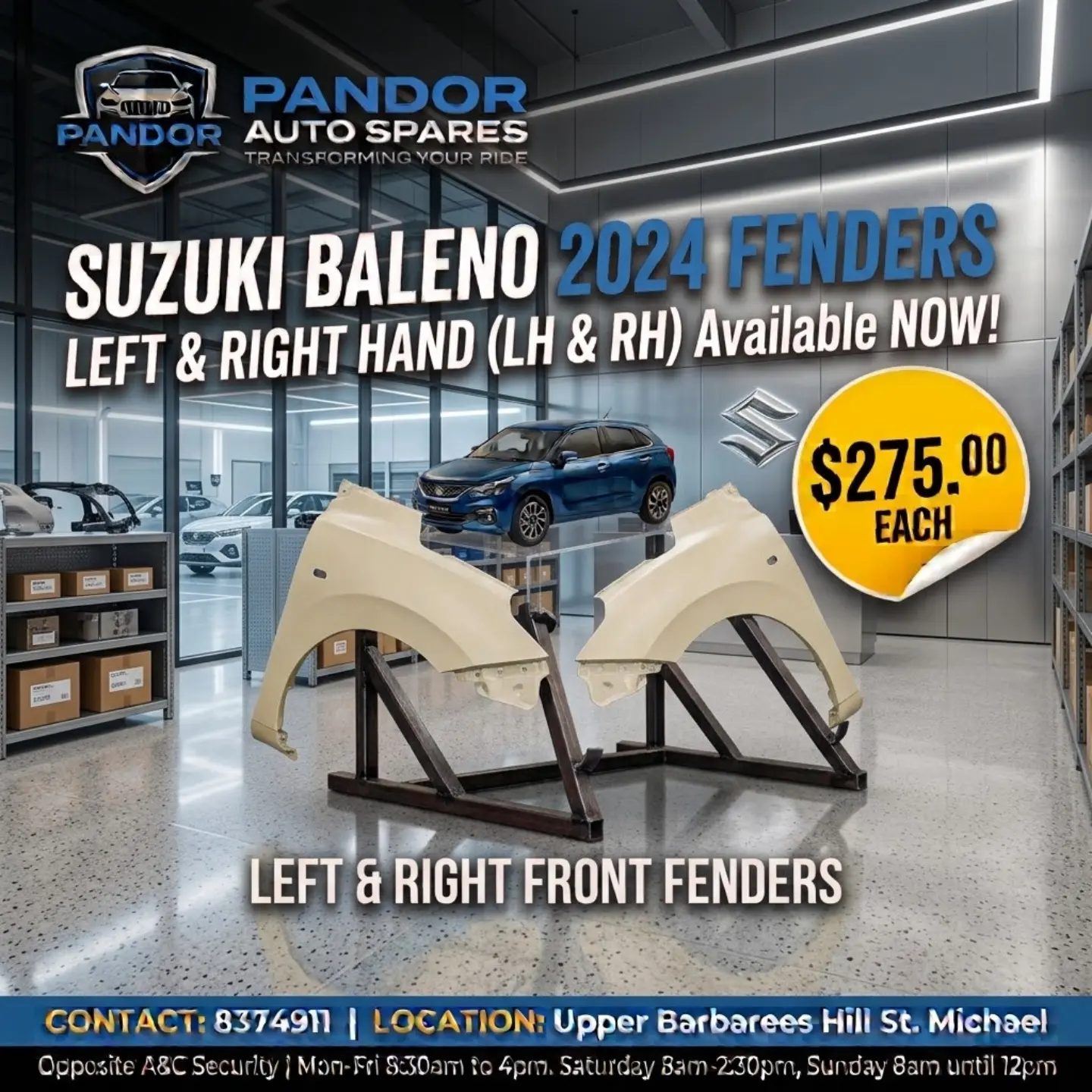 Suzuki Baleno 2024 Parts – Rear Lamps $425, Bumpers $575, Fender Liners $75 Each