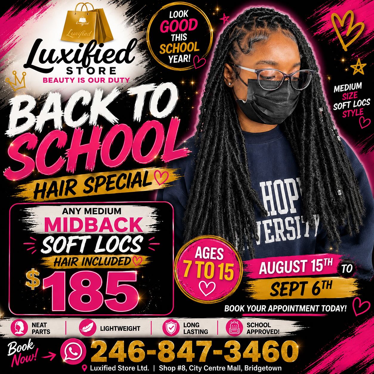Back to School Hair Special – Medium Midback Soft Locs $185 (Hair Included)