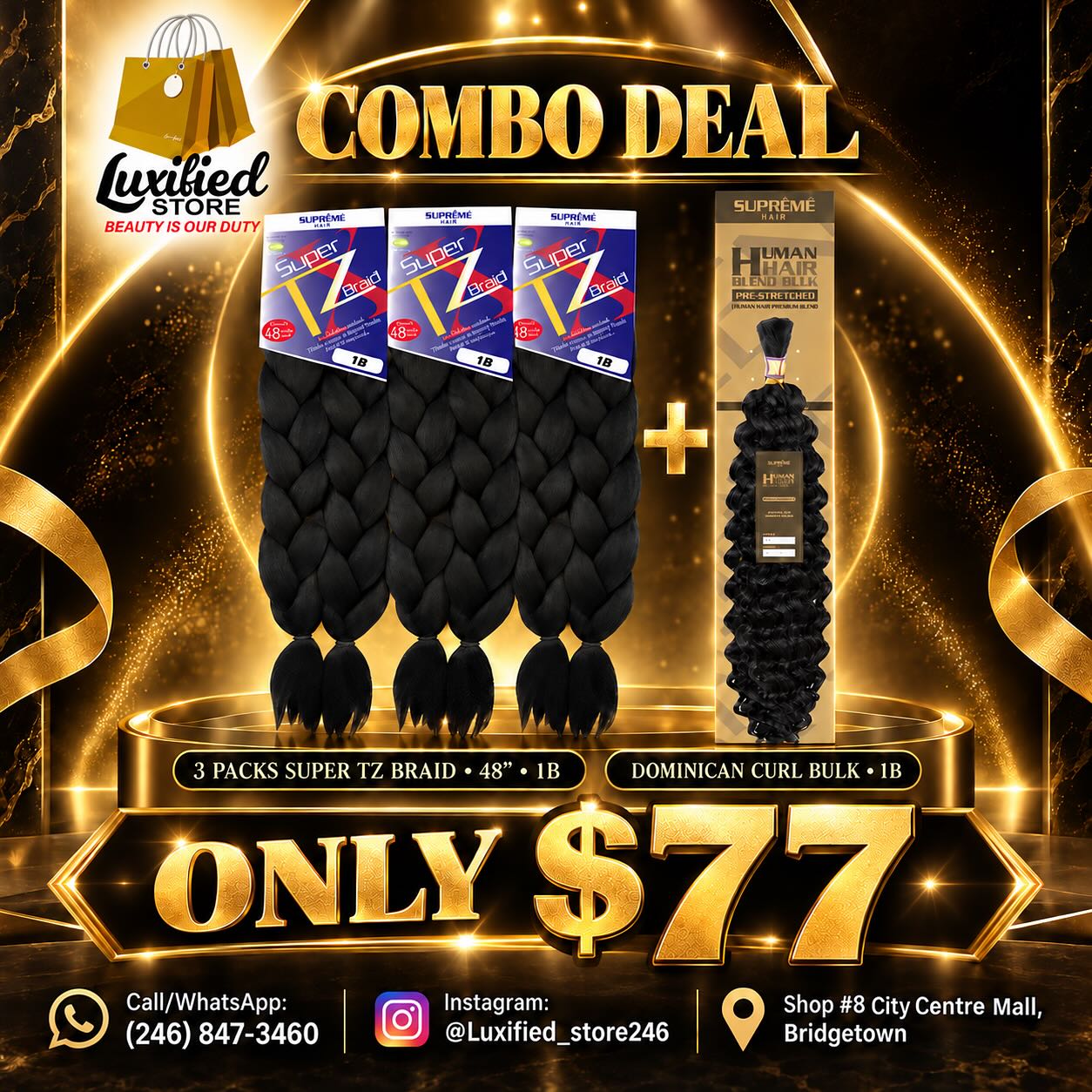 Combo Deal: 3 Packs Super TZ Braid + Dominican Curl Bulk – Only $77