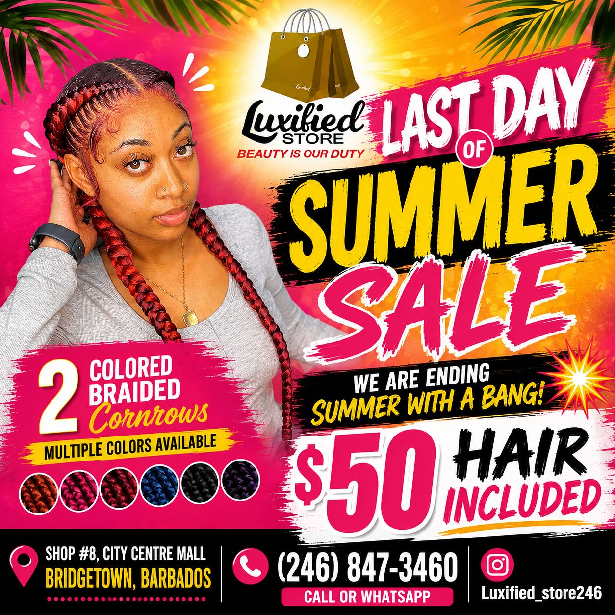 Last Day of Summer Sale – 2 Colored Braided Cornrows for $50 (Hair Included)