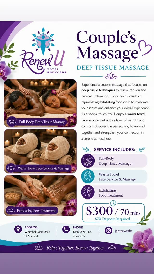 Couple's Deep Tissue Massage Package – $300 for 70 mins