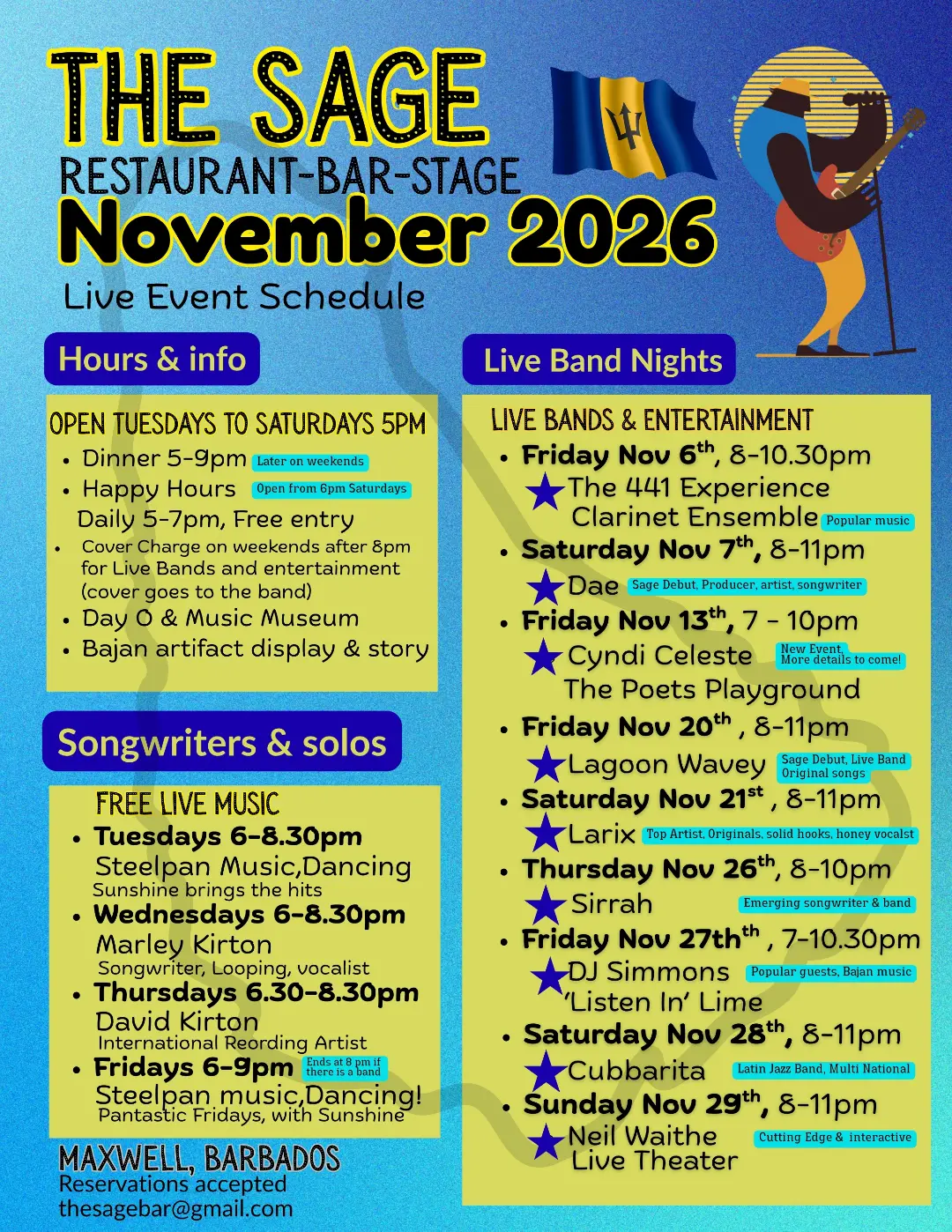 The Sage November 2026 Live Music Schedule – Free Nightly Music & Happy Hours