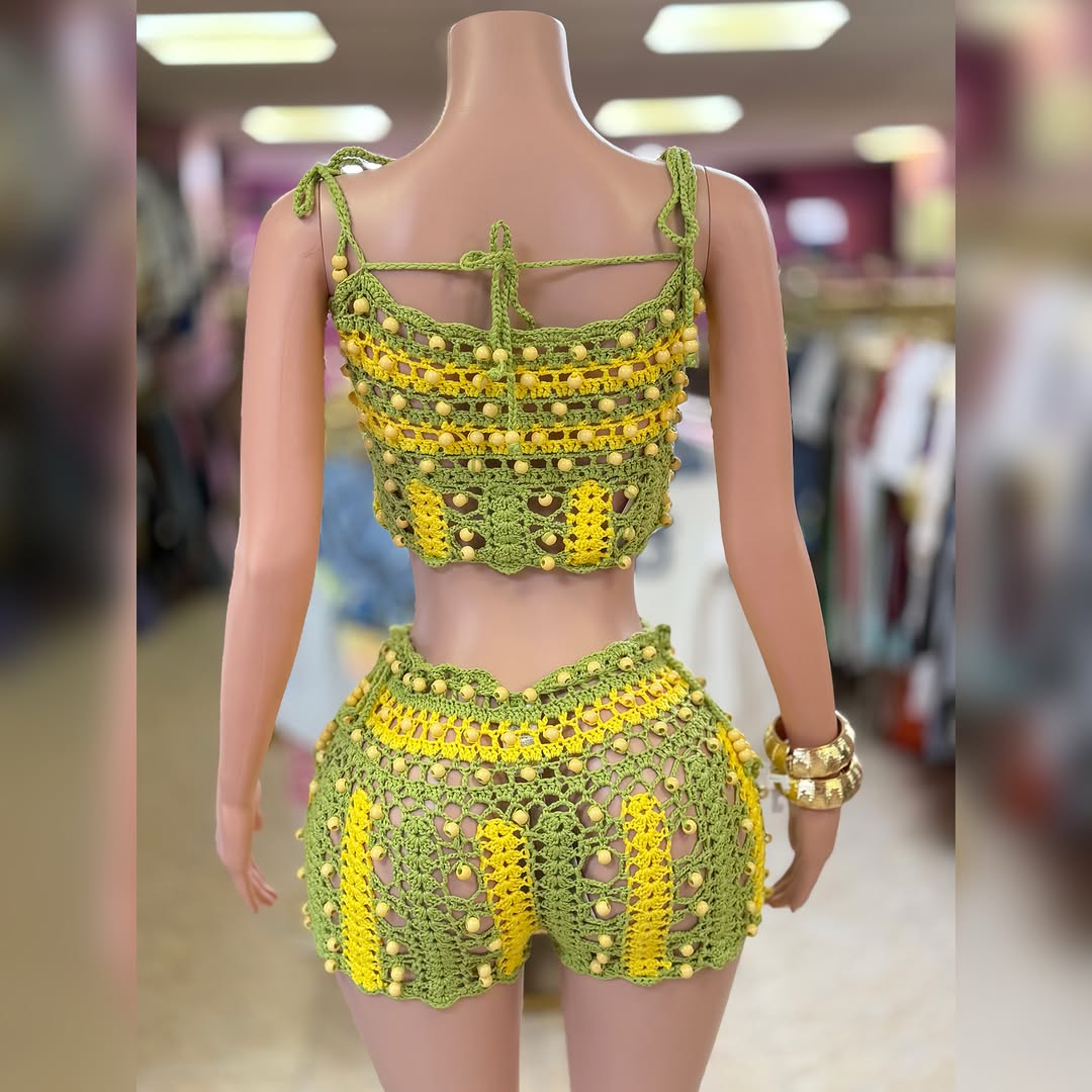 Green & Yellow Crochet Beaded Two-Piece Set – $35
